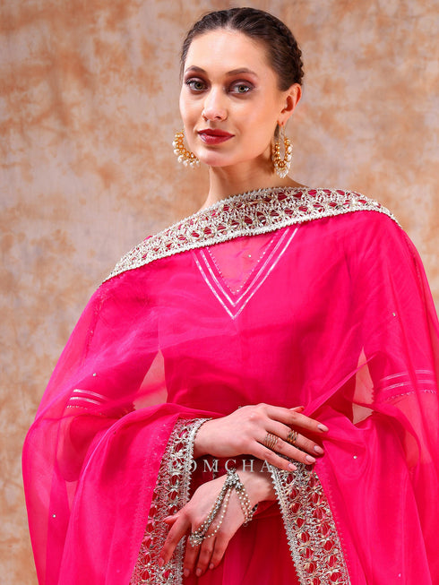 Pomcha Jaipur Adaa Pink Rose Cotton Anarkali Set With Soft Net Dupatta